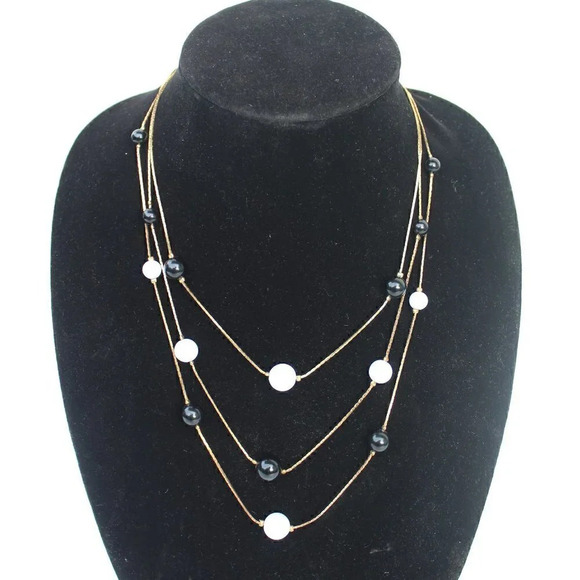 Vtg Art Deco 3 String Beaded Retro MCM Abstract Costume Jewelry Necklace - Picture 1 of 4